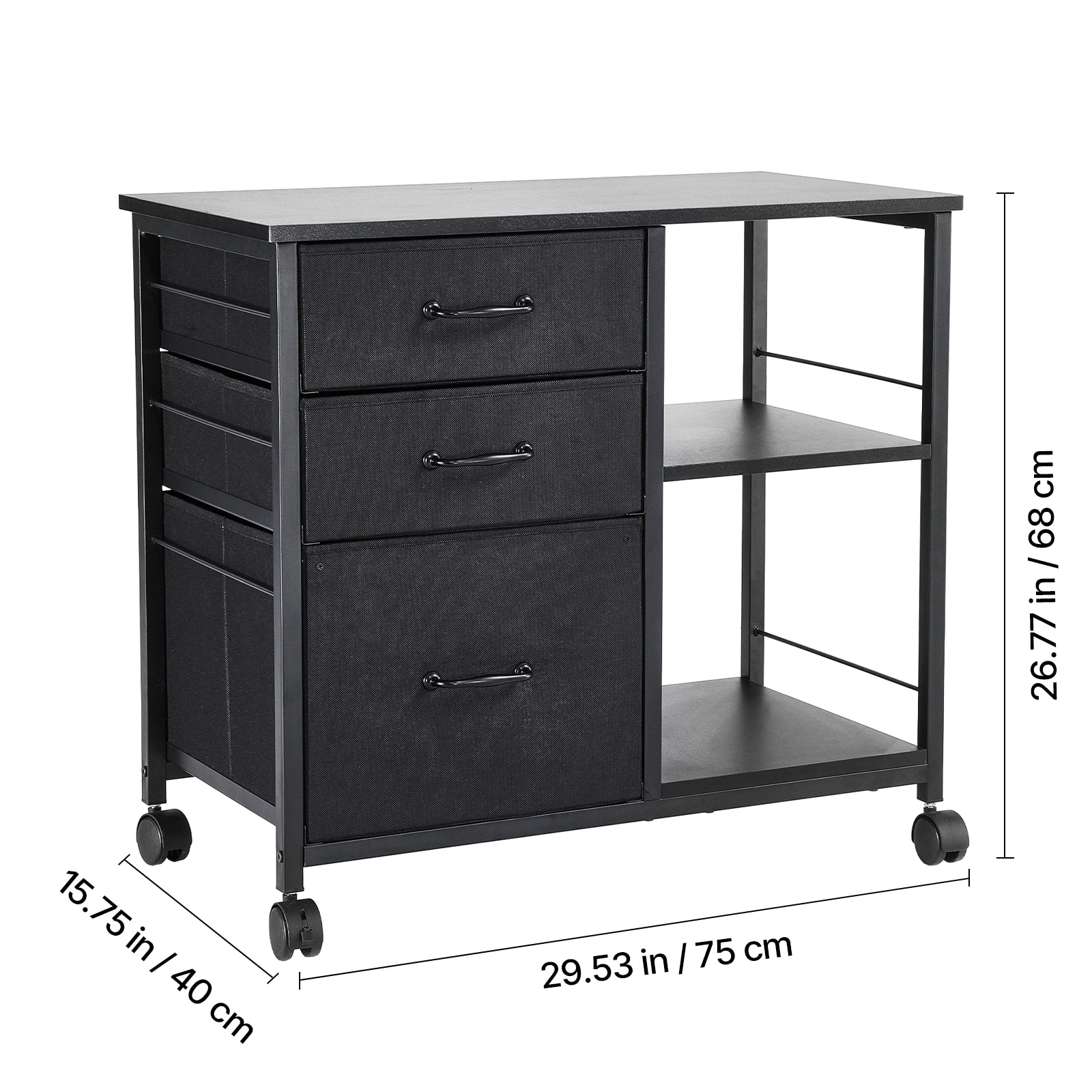 Mobile Metal File Cabinet With 3 Fabric Drawers And 2 Open Shelves Black_maomaolike.com